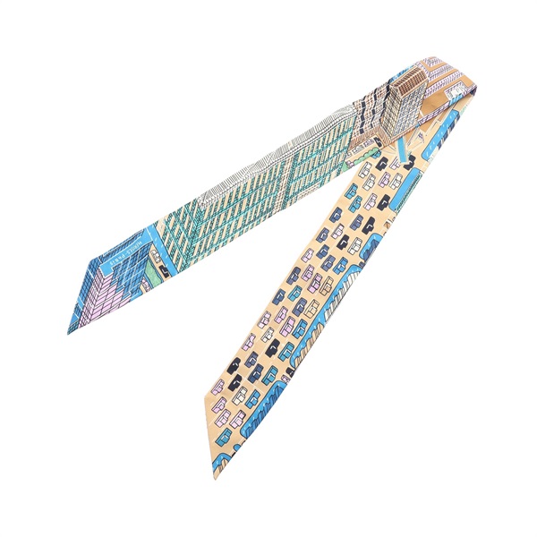 綠/藍/棕色 絲綢 Pantin City Twilly 絲巾【HERMES 愛馬仕】