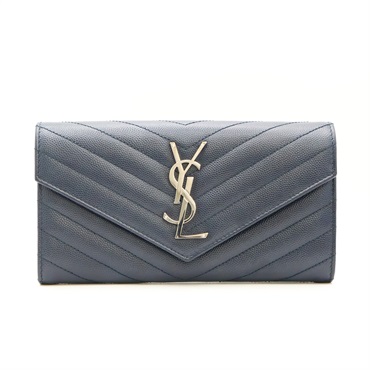 SAINT LAURENT YSL 聖羅蘭 Cassandre Matelasse 扣式長夾 深藍色 荔枝紋 牛皮 372264