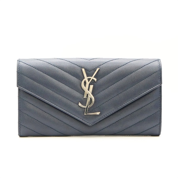 SAINT LAURENT YSL 聖羅蘭 Cassandre Matelasse 扣式長夾 深藍色 荔枝紋 牛皮 372264