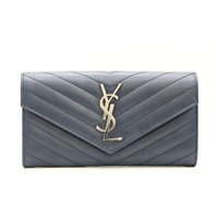 SAINT LAURENT YSL 聖羅蘭 Cassandre Matelasse 扣式長夾 深藍色 荔枝紋 牛皮 372264
