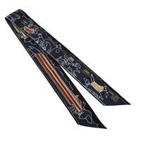 HERMES 愛馬仕 Les Chiens Parisiens Twilly 絲巾 藍/黑色 絲綢 H064116S