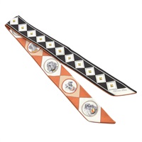 HERMES 愛馬仕 Colliers et Chiens Forever Twilly 絲巾 黑色/棕色 絲綢 H063453S 25