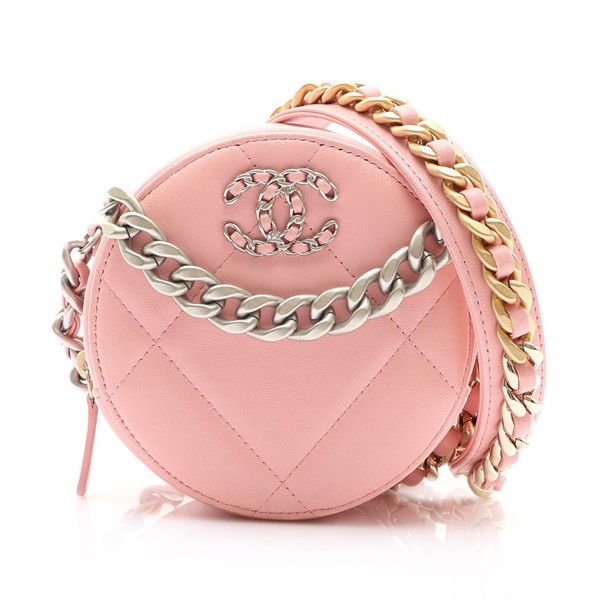 CHANEL 香奈兒 19 Round Clutch 肩背包 粉色 羊皮 肩背包 銀釦 AP0945