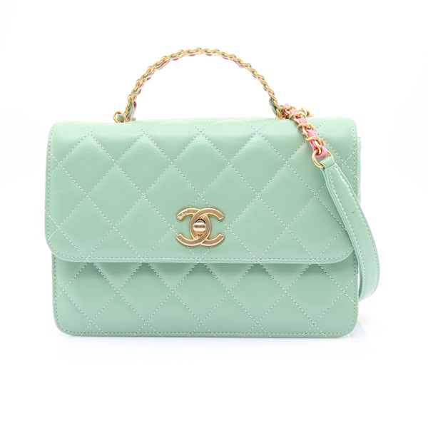 CHANEL 香奈兒 Top Handle Flap 肩背包 綠色 菱格紋羊皮 金釦 AS3908