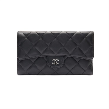 CHANEL 香奈兒 Classic 釦式 三折長夾 黑色 菱格紋羊皮 銀釦 A31506