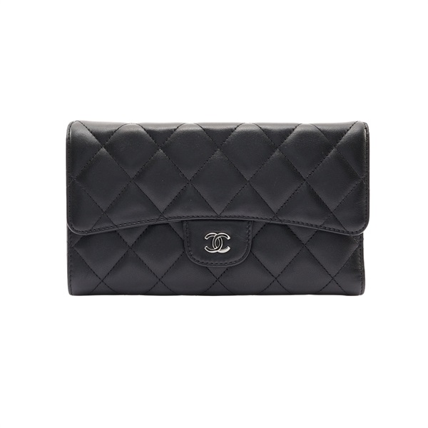 CHANEL 香奈兒 Classic 釦式 三折長夾 黑色 菱格紋羊皮 銀釦 A31506