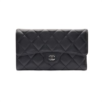 CHANEL 香奈兒 Classic 釦式 三折長夾 黑色 菱格紋羊皮 銀釦 A31506
