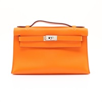HERMES 愛馬仕 Kelly Pochette 手拿包 手提包 橘色 Swift牛皮 □K刻 銀扣