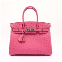 HERMES 愛馬仕 Birkin 30 柏金包 手提包 桃粉色 鴕鳥皮 銀扣 □M刻