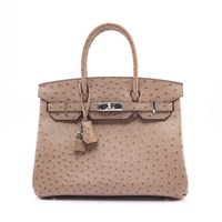 HERMES 愛馬仕 Birkin 30 柏金包 手提包 摩卡慕斯色 鴕鳥皮 銀釦 □O刻