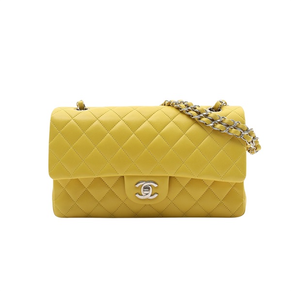 CHANEL 香奈兒 Classic 鍊帶 肩背包 黃色 菱格紋羊皮 銀扣 A01112
