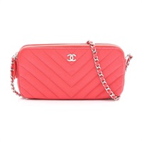 CHANEL 香奈兒 Double Zip Chain Clutch 肩背包 桃紅色 牛皮