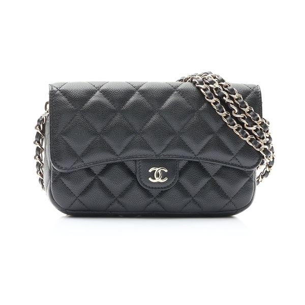 CHANEL 香奈兒 Matelasse 鍊帶肩背包 黑色 荔枝紋牛皮 金扣 AP2096