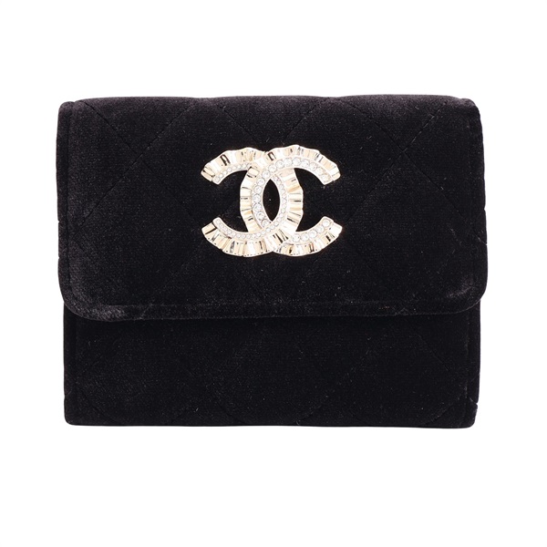 CHANEL 香奈兒 零錢包 黑色 菱格紋 絲絨 金扣 VIP禮