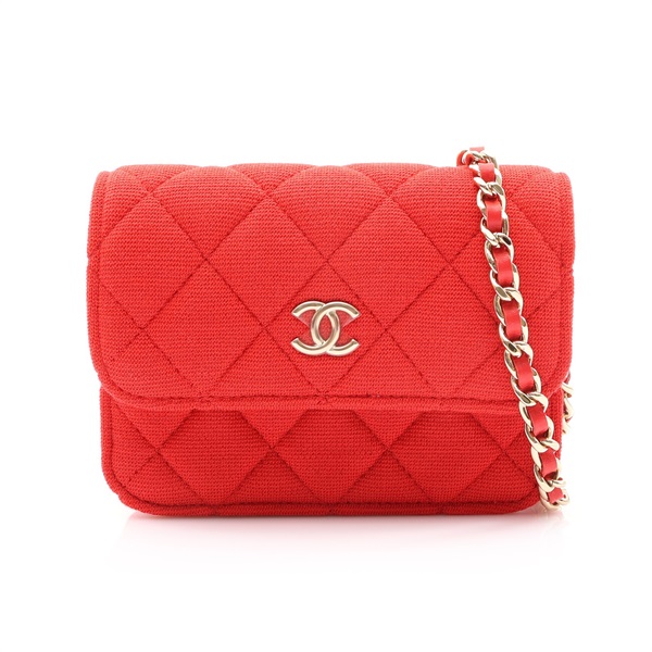 CHANEL 香奈兒 Mini 鏈帶 肩背包 紅色 棉布 金扣