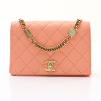 CHANEL 香奈兒 鍊帶 肩背包 粉橘色 菱格紋 羊皮 金扣 AS3751