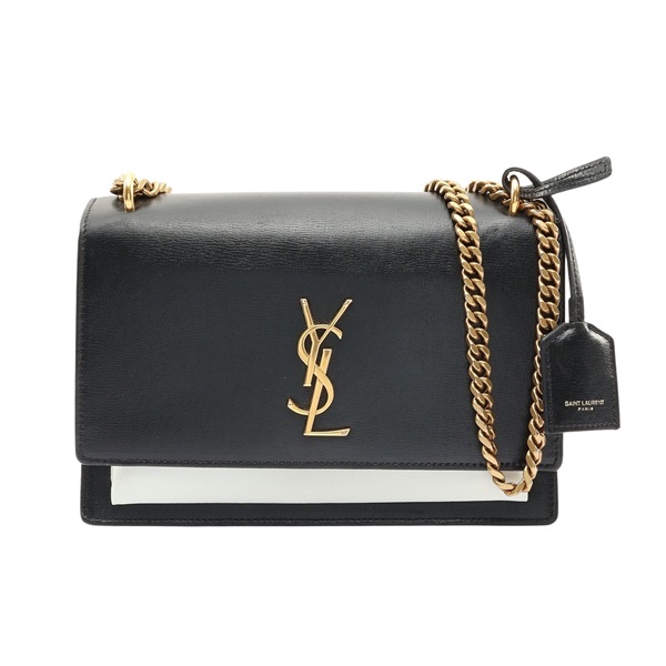 SAINT LAURENT YSL 聖羅蘭 SUNSET MEDIUM 鍊帶肩背包 黑/白色 牛皮 442906