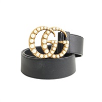 GUCCI 古馳 雙G 寬版 皮帶 70/28 黑色牛皮 白色圓珠 453260