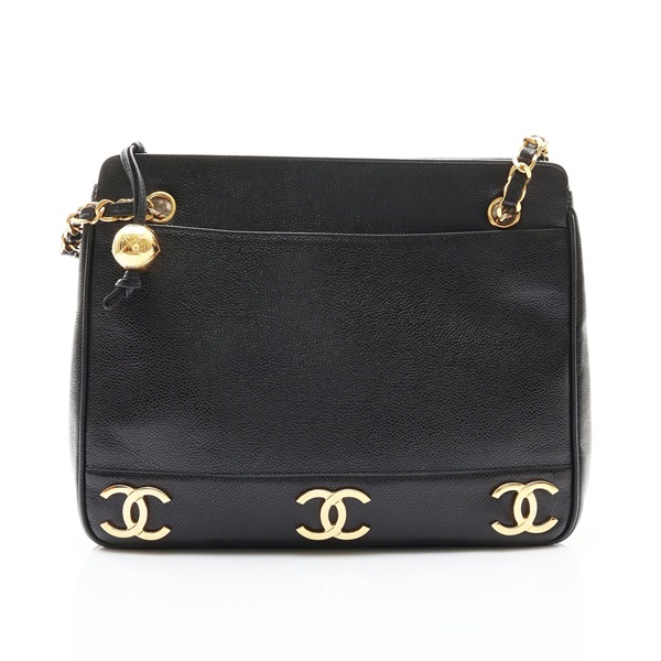 CHANEL 香奈兒 鍊帶 肩背包 黑色 荔枝紋 牛皮 金扣 A03675