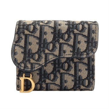 Dior 迪奧 Saddle Lotus 三折扣式短夾 深藍色 Oblique緹花帆布 S5652CTZQ