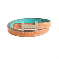 HERMES 愛馬仕 H 雙面 皮帶 金棕色/孔雀藍色 Swift/Epsom牛皮 X刻 銀扣