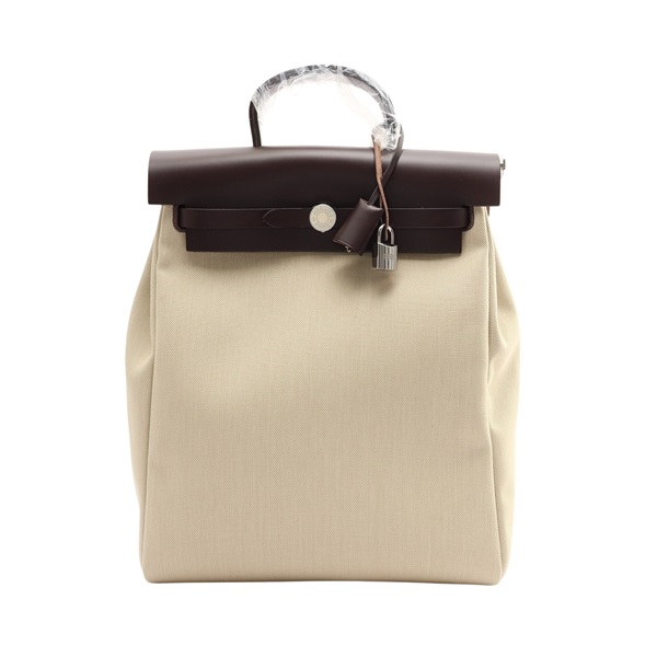 HERMES 愛馬仕 Herbag Ado 後背包 米色帆布 棕色Hunter牛皮 U刻