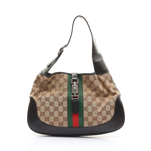 GUCCI 古馳 Web Jackie Hobo 肩背包 棕色 GG 帆布 黑色牛皮 00963