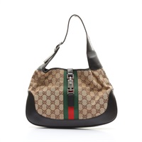 GUCCI 古馳 Web Jackie Hobo 肩背包 棕色 GG 帆布 黑色牛皮 00963