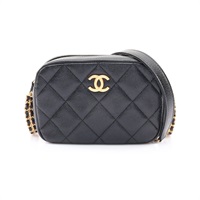 CHANEL 香奈兒 相機包 鍊帶 肩背包 黑色 荔枝紋牛皮 金扣 AS3104