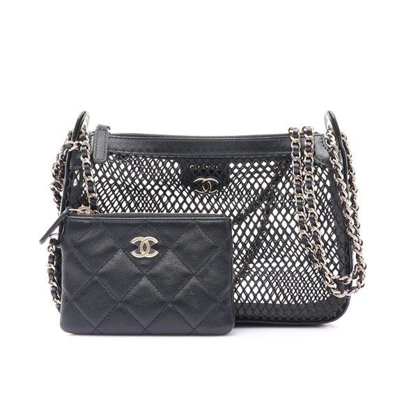 CHANEL 香奈兒 肩背包 黑色 洞洞網布 金扣 AP4572