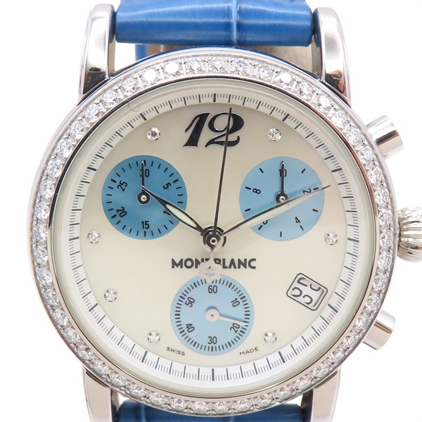 【再降價】白色錶盤 藍色三眼 鑽框 Star 腕錶【Montblanc萬寶龍】【MONTBLANC 萬寶龍】 7039