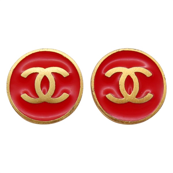金/紅色 鍍金 雙C圓牌 夾式耳環【CHANEL 香奈兒】