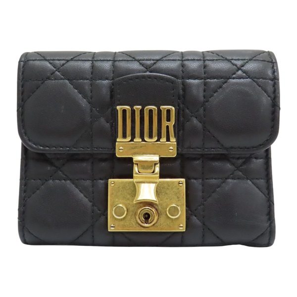 黑色 籐格紋 皮革 Dioraddict 扣式 三折短夾