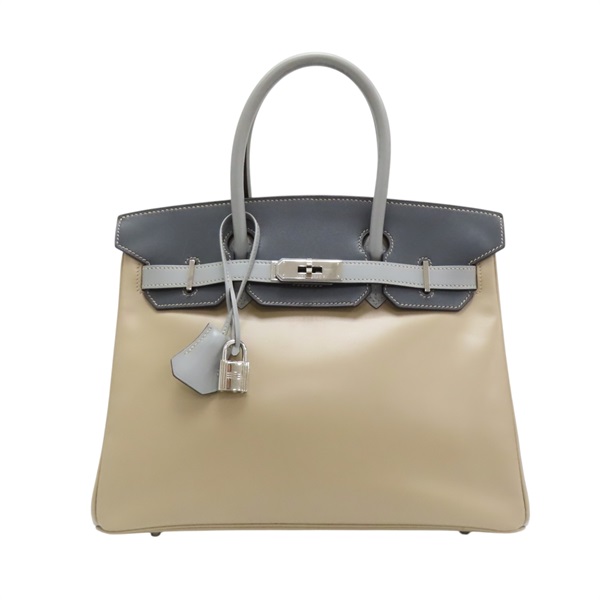 灰/米色 Tadelakt牛皮 Birkin 30 Tricolor 柏金包 手提包 □E刻 銀扣