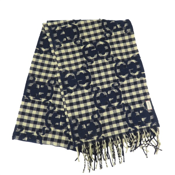 深藍色 GG緹花 羊毛 絲綢 圍巾 644365【GUCCI 古馳】 644365