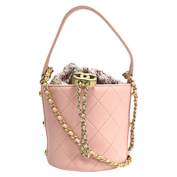 粉色 菱格紋 牛皮 mini bucket 兩用包 AS1478