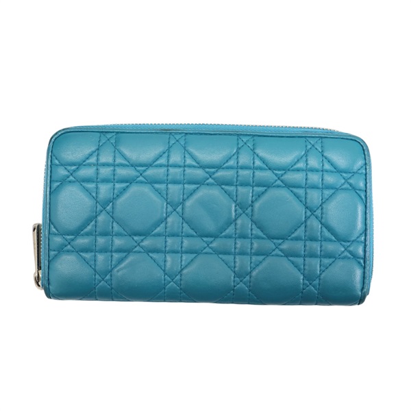 藍綠色 藤格紋 羊皮 拉鍊 Lady Dior 長夾