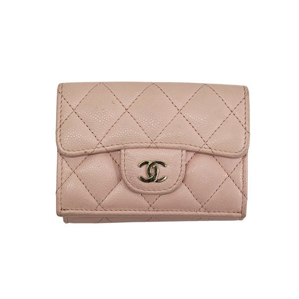 粉色 荔枝紋 牛皮 CC Logo 三折 短夾 AP0230