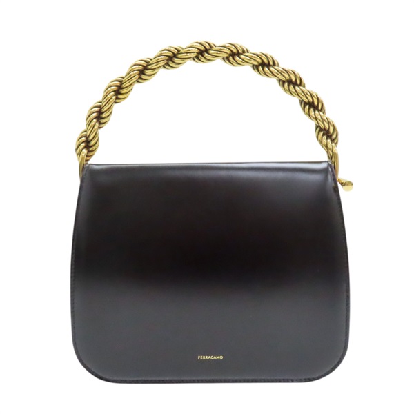 黑色 亮面牛皮 編織金屬 手提包