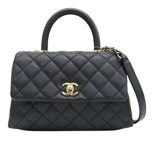 黑色 牛皮 菱格紋 荔枝紋 Coco Handle 两用包 金扣 A92990