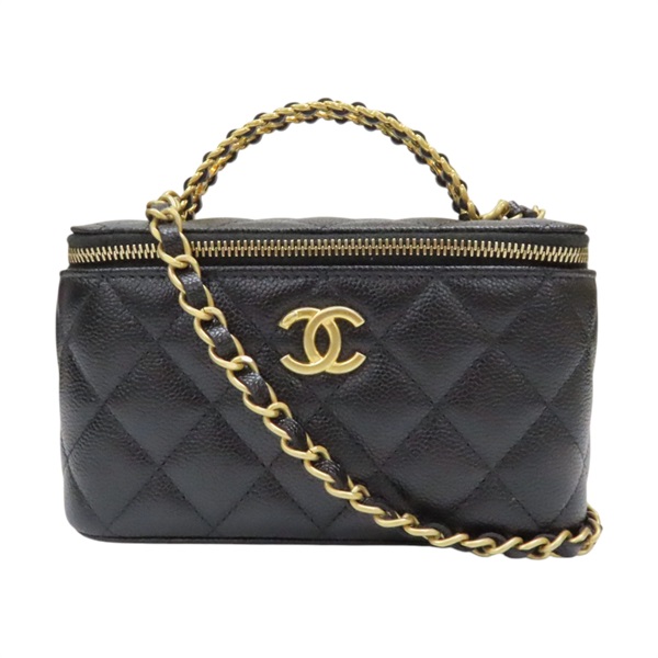 黑色 荔枝紋 牛皮 Top Handle Vanity Case 兩用包 無卡