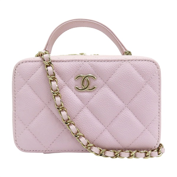 粉色 荔枝紋 牛皮 鍊帶 Top Handle Vanity Case 兩用包