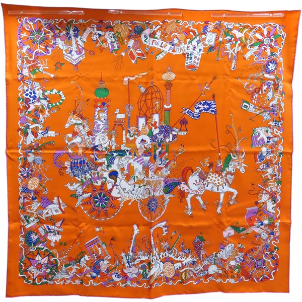 橘色 La Folle Parade 絲綢 絲巾 90x90【HERMES 愛馬仕】