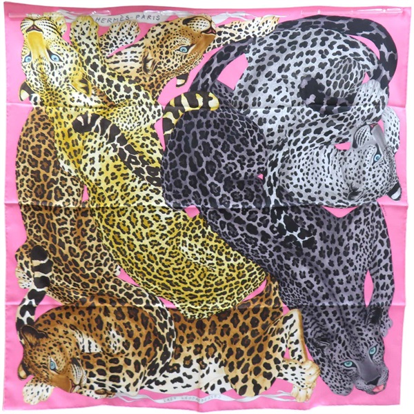 粉色 Lazy Leopardesses 絲綢 絲巾 90x90【HERMES 愛馬仕】