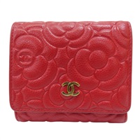 紅色 山茶花 壓紋皮革 扣式短夾 金扣 (無卡)【CHANEL 香奈兒】