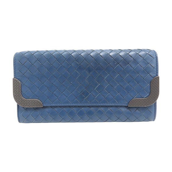 藍色 編織羊皮 釦市長夾