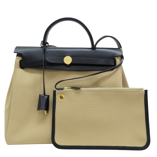 卡其色 帆布 Herbag Zip 31 肩背包 B刻 (無鎖頭) 金扣【HERMES 愛馬仕】