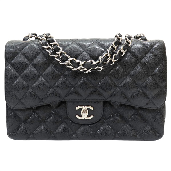 黑色 牛皮 菱格紋 荔枝紋 Jumbo 鍊帶 肩背包 銀扣 無卡 A58600