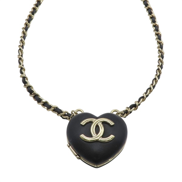 黑色 羊革 CC 愛心 項鍊 金扣