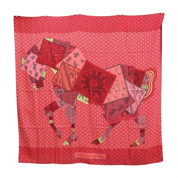 紅色 羊絨 絲綢 A Cheval sur mon Carré 絲巾 圍巾140x140【HERMES 愛馬仕】